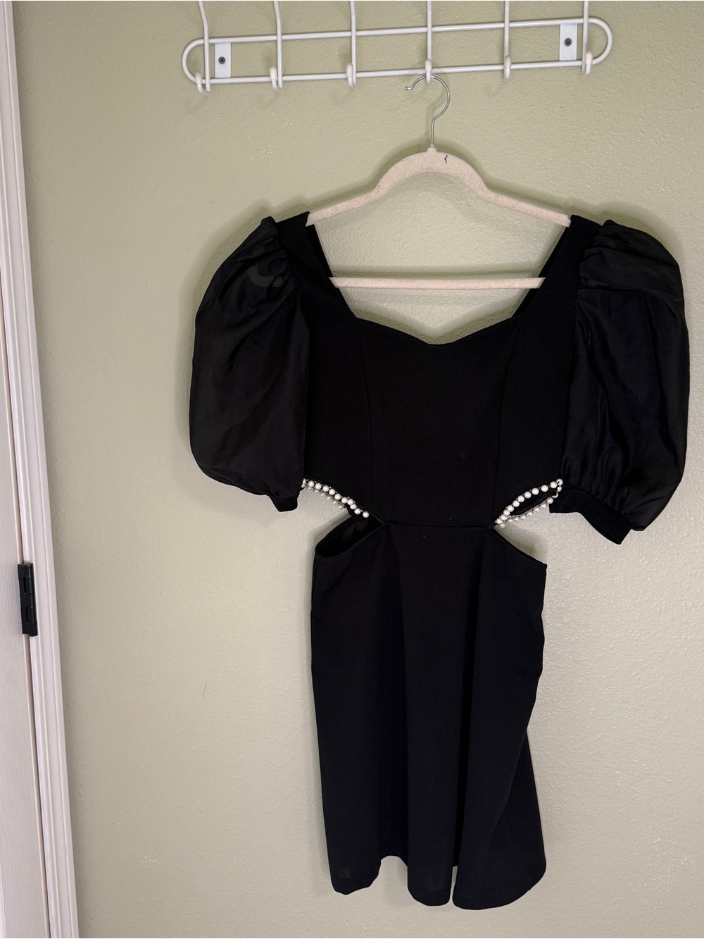 Black Puff-Sleeve Cutout Mini Dress with Pearl Trim